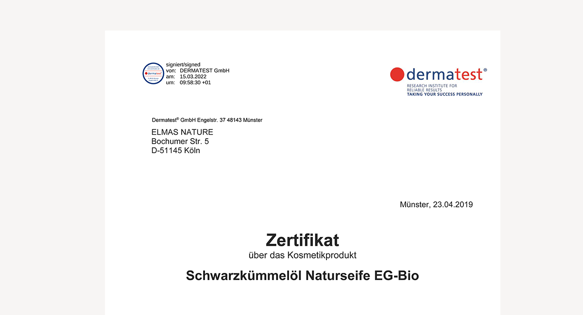 BIO Schwarzkümmelöl Naturseife Zertifikat | Elmas BIO